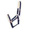 Nachhaltiges Halfter aus recyceltem Gurtband Blau / Navy mit Fell und mit Beschlägen in Rosegold made in Germany mit Möglichkeit zur Personalisierung mit Bestickung mit eigenem Namen
